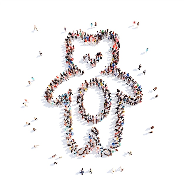 Grande gruppo di persone sotto forma di un giocattolo per bambini. Isolato, sfondo bianco.