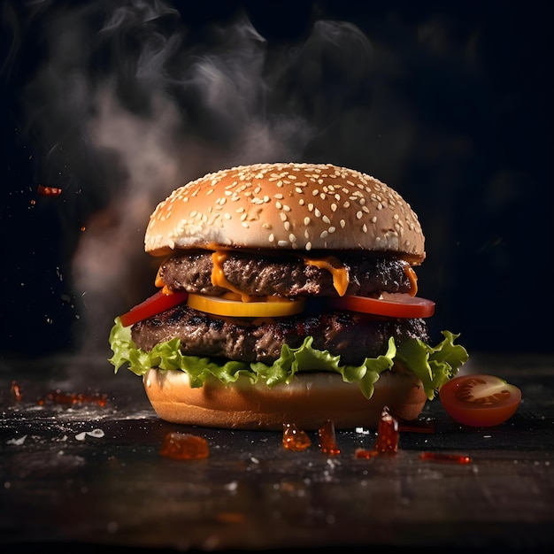 Grande gustoso cheeseburger con ingredienti volanti su sfondo nero