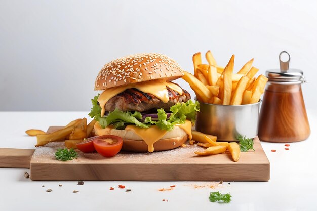 Grande hamburger e patatine fritte su tavola di legno su sfondo bianco