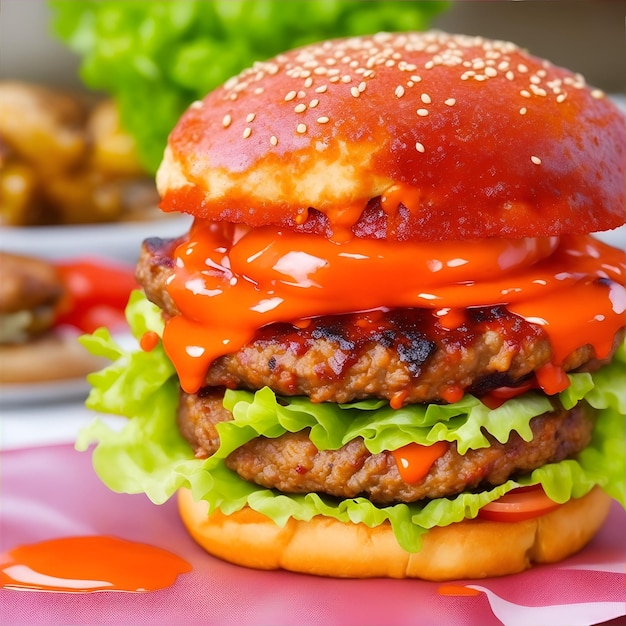 Grande hamburger gustoso con ketchup e formaggio su uno sfondo rosso