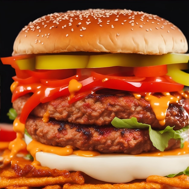Grande hamburger gustoso con ketchup e formaggio su uno sfondo rosso