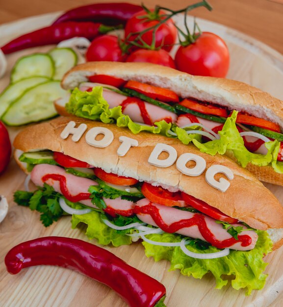 Grande hot dog con verdure sul tavolo.