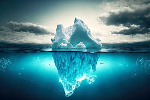 Grande iceberg galleggiante con tempo nuvoloso e banchi di pesci che si snodano tra banchi di ghiaccio