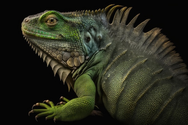 Grande iguana verde su sfondo nero da solo