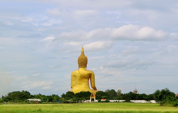 Grande immagine dorata del Buddha della vista del tempio di Wat Muang dal retro, provincia di Ang Thong, Thailandia