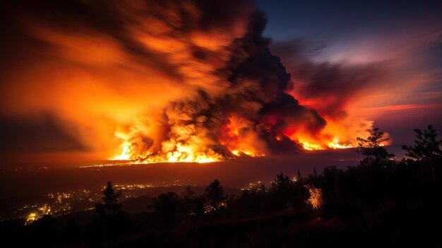 Grande incendio nella foresta al tramonto Disastro naturale