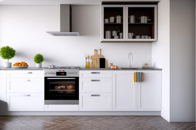 Grande interno di cucina moderna ed elegante di lusso con mobili e utensili da cucina in un appartamento hom