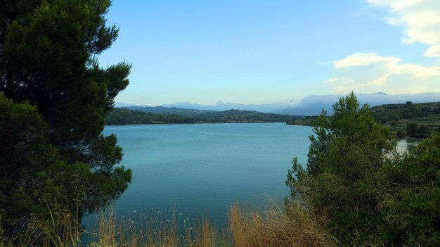 Grande lago artificiale in montagna, acqua molto blu, alberi di pino sulla riva, Beniarres Spagna