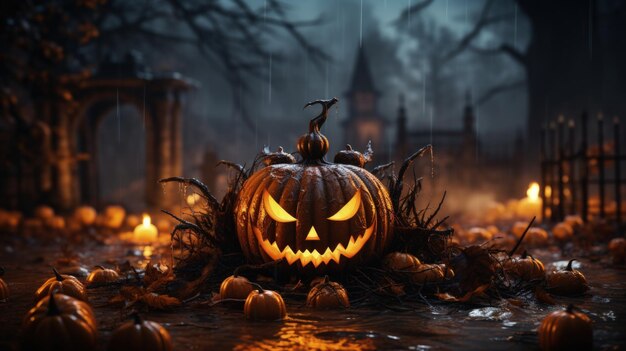 Grande lanterna con testa di zucca di Halloween molto spettrale con faccia malvagia e occhi ardenti nel cimitero Storie dell'orrore per Halloween