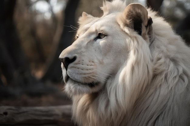 Grande leone bianco con la criniera alla macchina fotografica sfondo bellissimo sfondo savannah ai generato