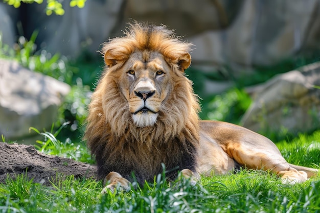 Grande leone maschio africano Panthera leo sdraiato nell'erba