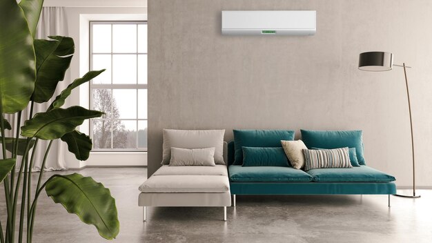 grande lusso interni moderni luminosi soggiorno con aria condizionata mockup illustrazione rendering 3D