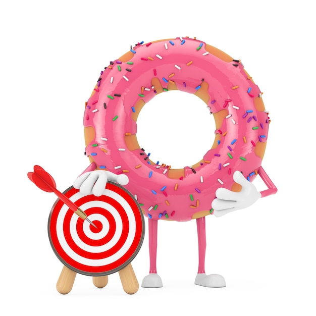 Grande mascotte del carattere della ciambella lustrata rosa della fragola con l'obiettivo di tiro con l'arco con il dardo nel centro su un fondo bianco. Rendering 3D