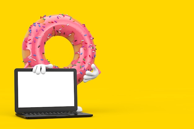 Grande mascotte del carattere della ciambella smaltata rosa fragola con il taccuino del computer portatile moderno e lo schermo in bianco per il vostro disegno su un fondo giallo. Rendering 3D