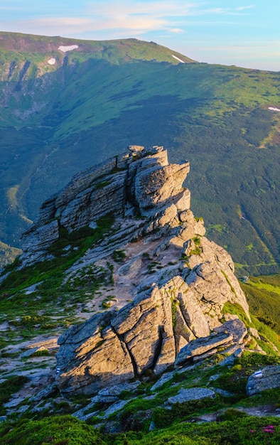 Grande masso sul pendio di montagna estivo