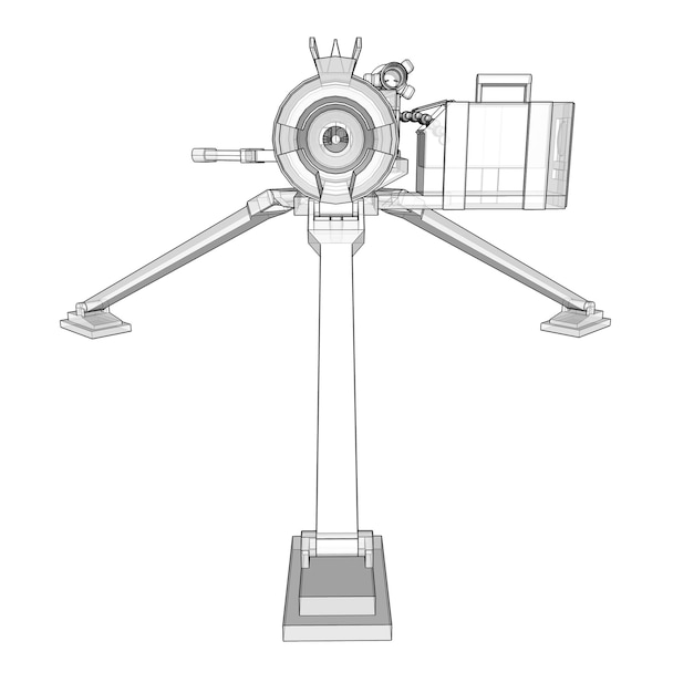 Grande mitragliatrice su un treppiede con una cassetta piena di munizioni su sfondo bianco. Illustrazione schematica di armi in linee di contorno con un corpo traslucido. illustrazione 3D.