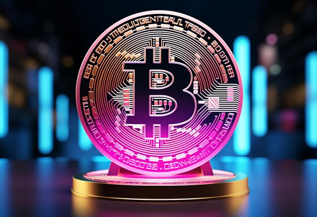 Grande moneta bitcoin dorata stand su sfondo digitale aziendale rosa e blu al neon con spazio per la copia