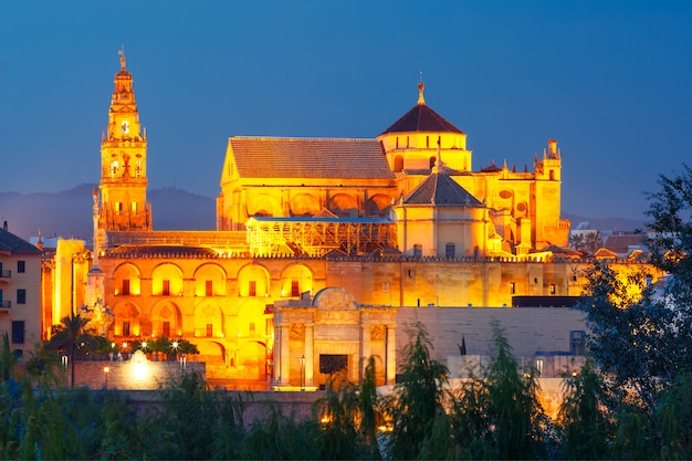 Grande moschea illuminata Mezquita, Cordova, Spagna