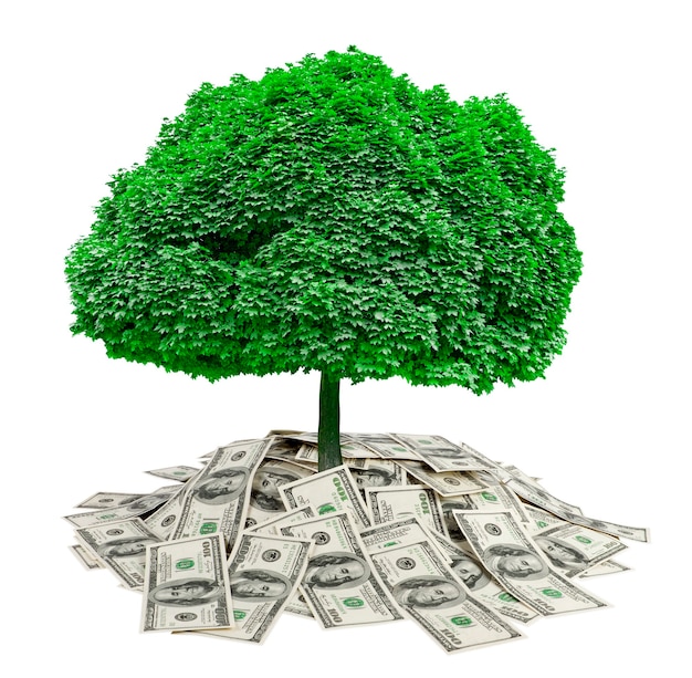 Grande mucchio di soldi. dollari su sfondo bianco e albero. finanze