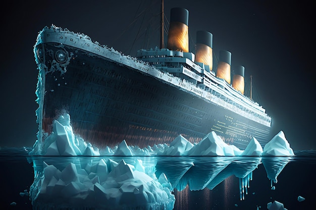 Grande nave che affonda dopo aver colpito un iceberg Illustrazione di un tragico evento storico IA generativa