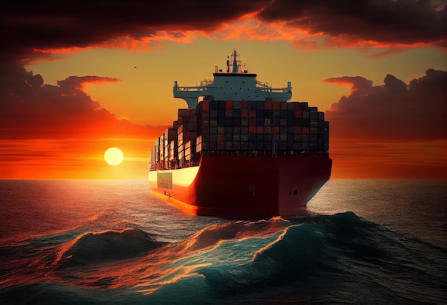 Grande nave portacontainer che naviga al tramonto Gernerative AI