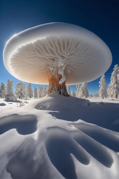 Grande oggetto simile a un fungo nel mezzo di un campo innevato ai generativo