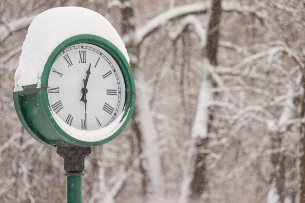 grande orologio con uno spesso strato di neve nel parco sullo sfondo degli alberi