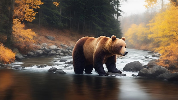 Grande orso bruno nella foresta vicino al fiume Generazione AI