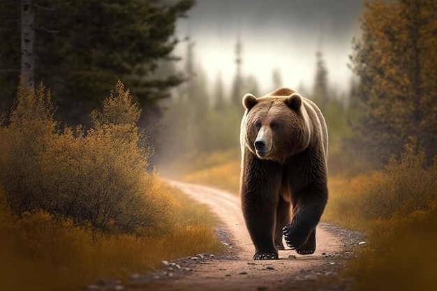 Grande orso marrone che fa una passeggiata lungo il sentiero