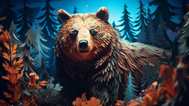 Grande orso nella foresta di notte carta da parati del fondo dell'illustrazione del papercut di arte della carta 3d