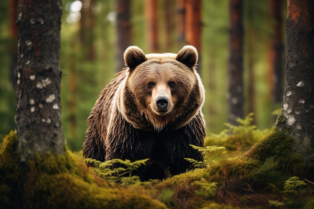 Grande orso nella foresta estiva L'orso guarda la telecamera con curiosità