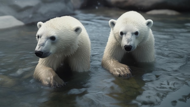 Grande orso polare sul bordo del ghiaccio alla deriva con neve e acqua nell'Artico