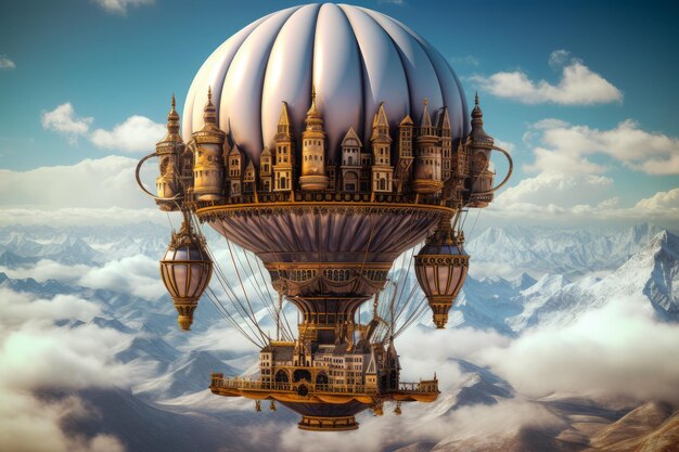 Grande palloncino che galleggia nel cielo con un castello in cima AI generativa