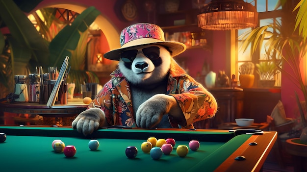 Grande panda carino con gli occhiali, cappello, borsa, giacca, cinghia da cowboy su una barra da biliardo.