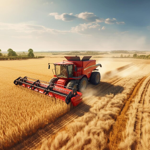 Grande piantagione di grano con macchina che raccoglie il grano