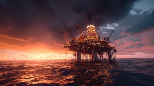 Grande piattaforma di perforazione petrolifera offshore al tramonto e bel cielo Ai generativo
