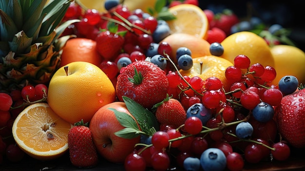 Grande piatto di frutta assortita con frutta naturale, verdura ed erbe