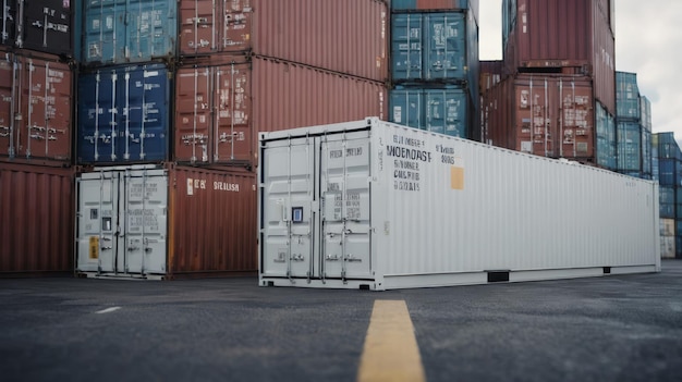 Grande pila di container per spedizioni nel parcheggio