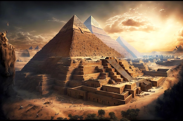 Grande piramide d'egitto e antica città realizzata con ai generativa