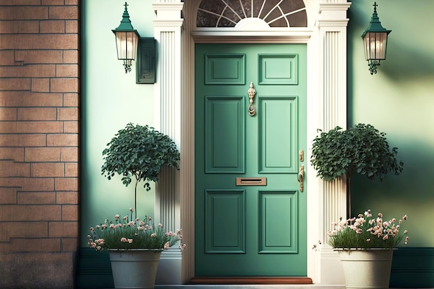 Grande porta d'ingresso verde chiaro della casa con maniglie e serrature