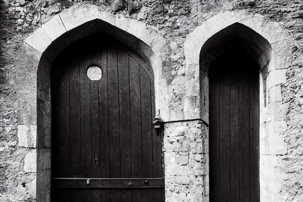 Grande porta medievale in legno nero nel muro di pietra