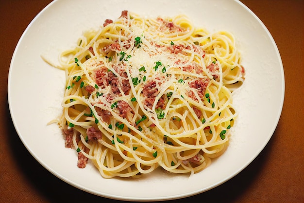 Grande porzione di spaghetti alla carbonara cosparsi di piccole verdure e formaggio