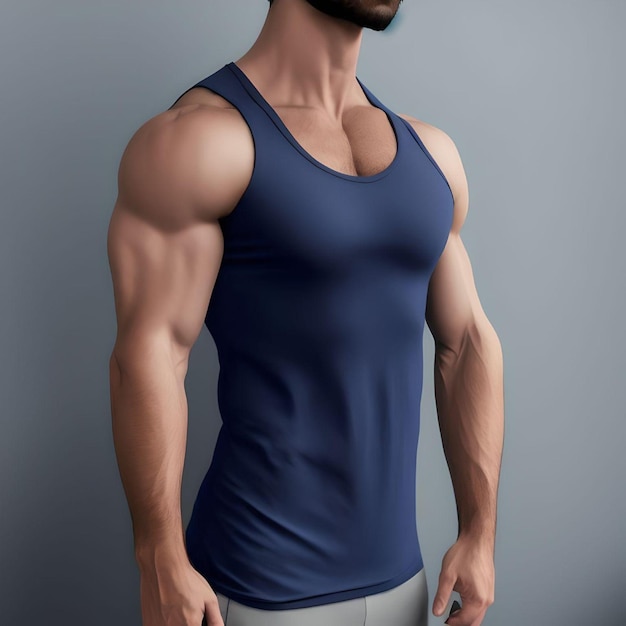 Grande ragazzo muscoloso in canotta blu scuro con il concetto di illustrazione di forma fisica della barba
