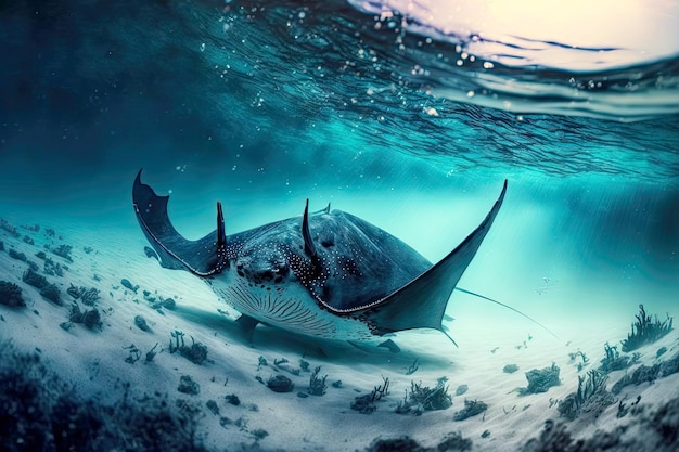 Grande raggio di manta che striscia sul fondale marino nell'oceano