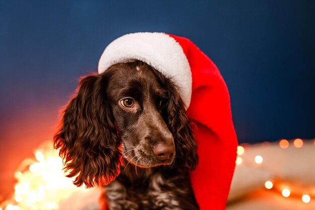 Grande ritratto di uno spaniel russo con un cappello rosso di Babbo Natale che gioca con giocattoli di Natale, palline d'oro e salta sul letto