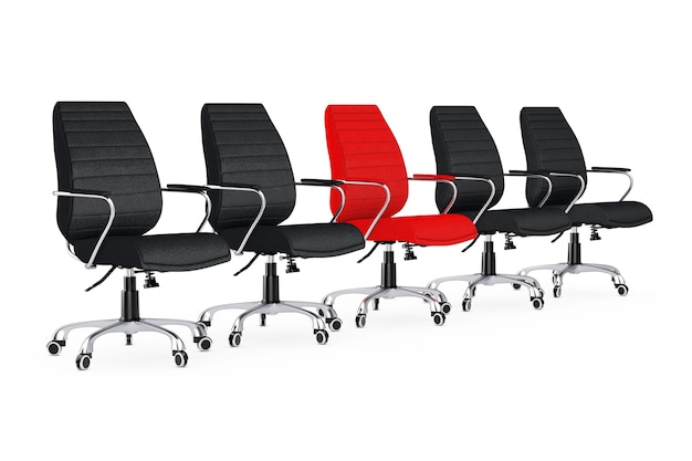 Grande riunione d'affari. Sedia da ufficio Boss in pelle rossa tra altre sedie su sfondo bianco. Rendering 3D.
