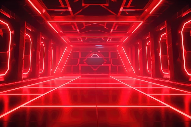 Grande sala Scifi con luci incandescenti e pavimento riflettente al laser