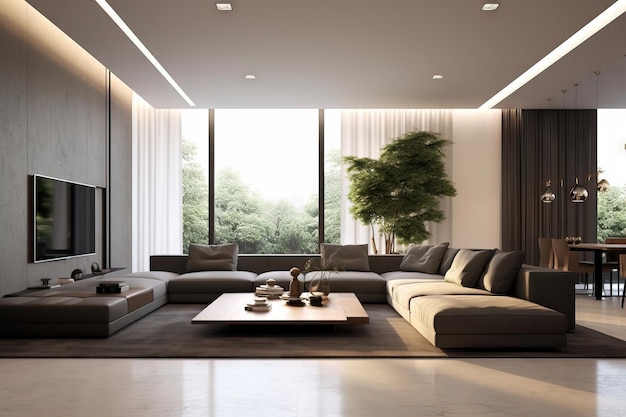 Grande salotto moderno con soffitti alti e mobili bassi