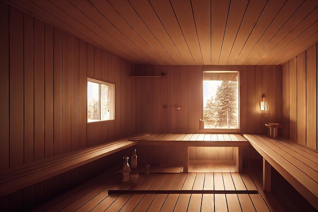 Grande sauna con lampada e accessori da bagno e vista sull'abete invernale