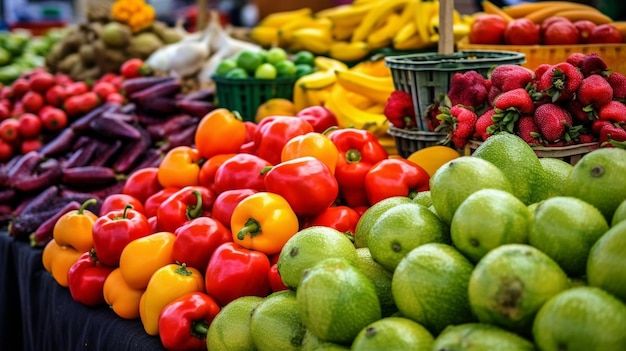 grande scelta di mercato di frutta e verdura fresca Vari frutti e verdure freschi e colorati AI generativa